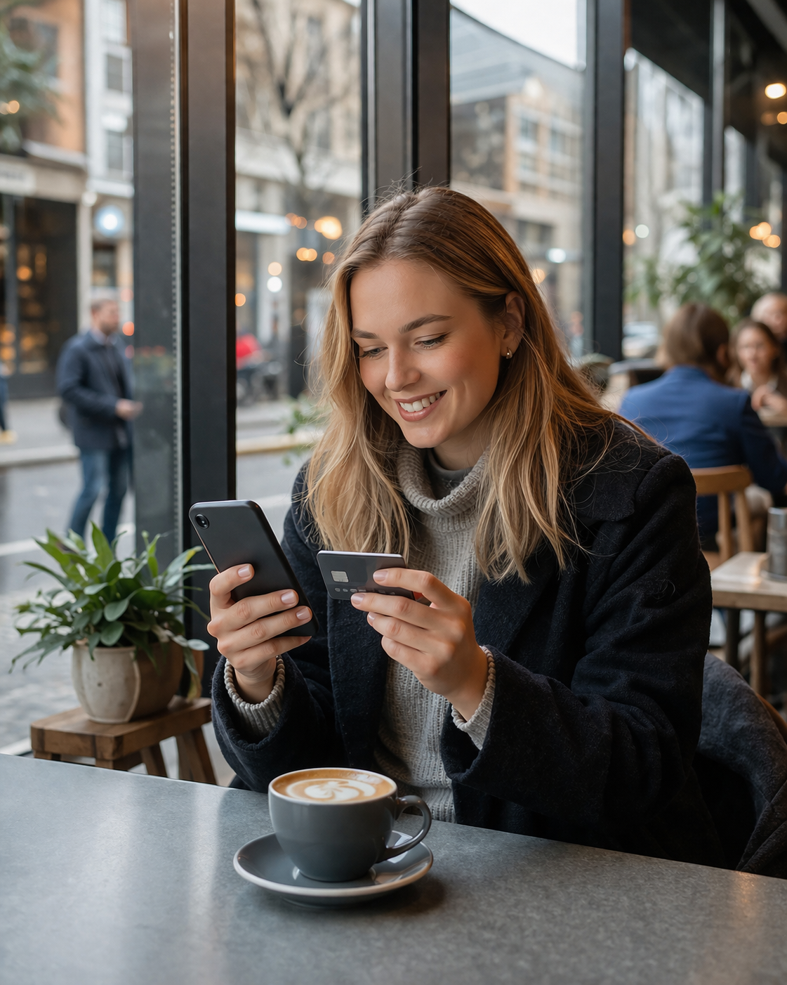Kvinne som sammenligner kredittkort på kafé